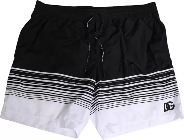 Black White Striped DG Logo Men Short Swimwear