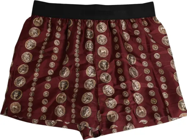 Burgundy Silk Coin Print Men Boxer Short Swimwear