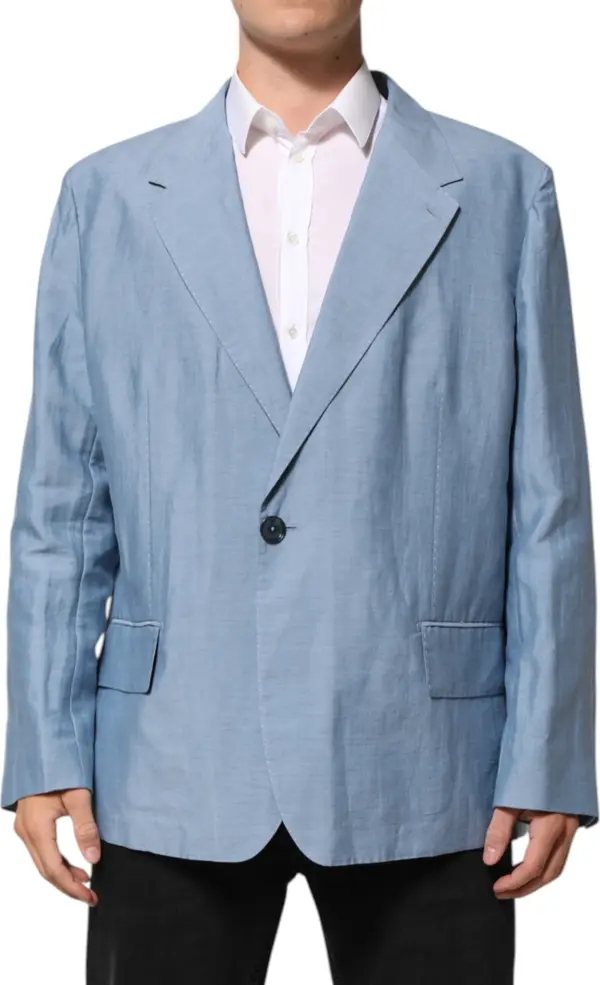 Light Blue Linen Double Breasted Men Jacket Blazer