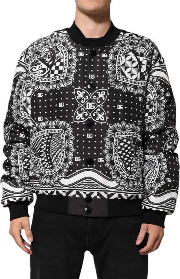 Black White Bandana Print Bomber Jacket