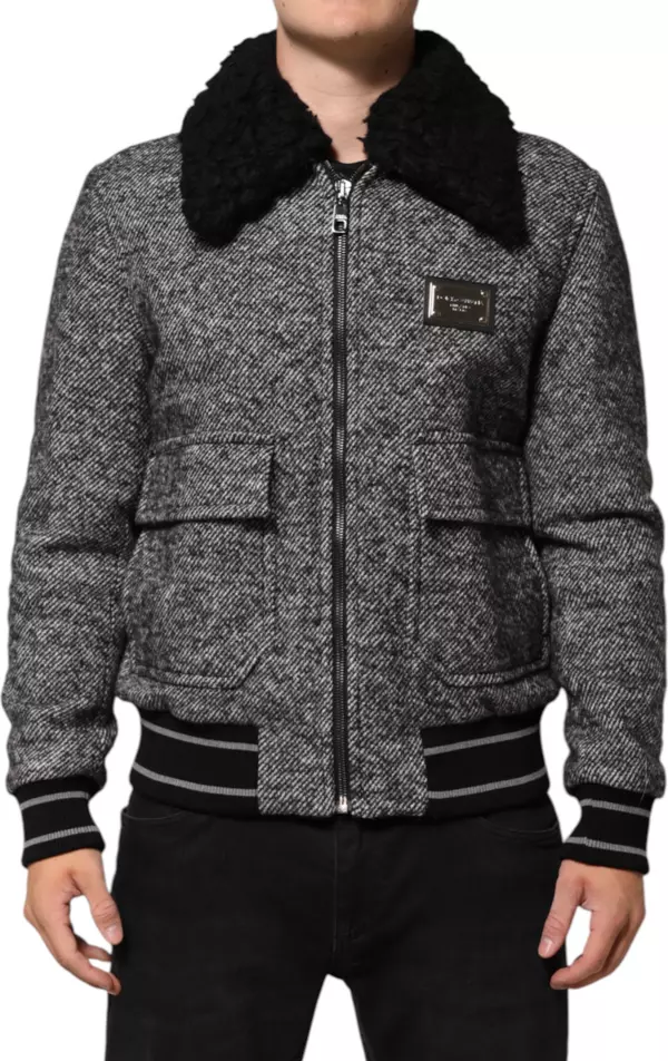 Gray Wool Herringbone Shearling Collar Bomber Jacket