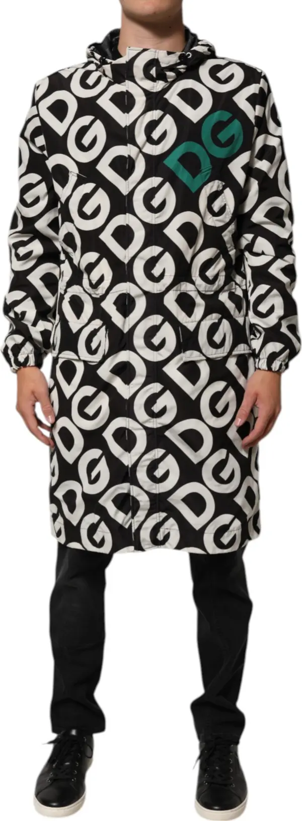 Black White Logo Print Hooded Coat Men Jacket
