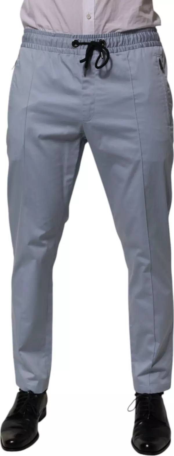 Light Blue Cotton Drawstring Elastic Waist Men Pants