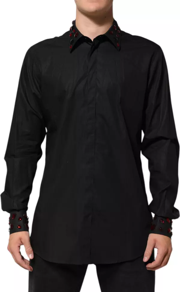Black Cotton Embellished Collar Men’s Shirt