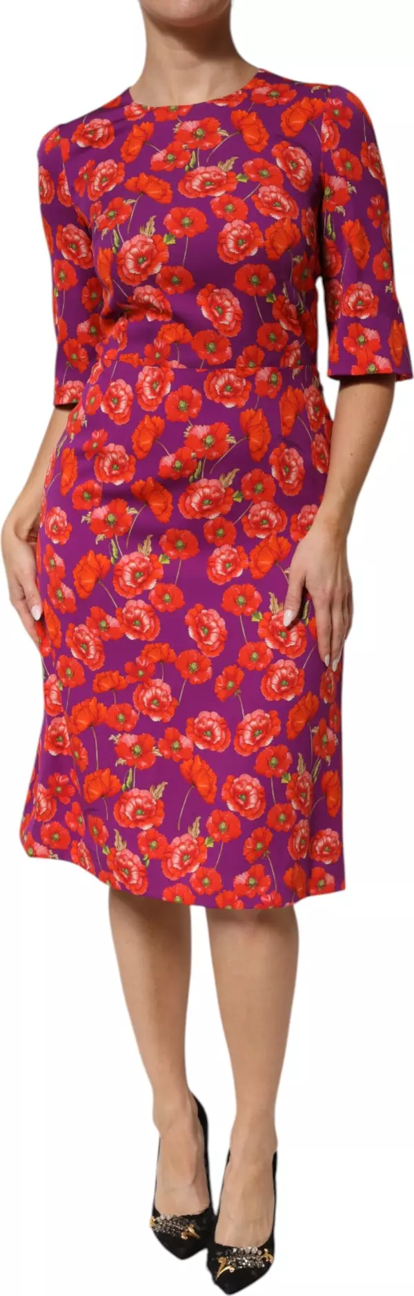 Purple Silk Floral Print Midi Sheath Dress