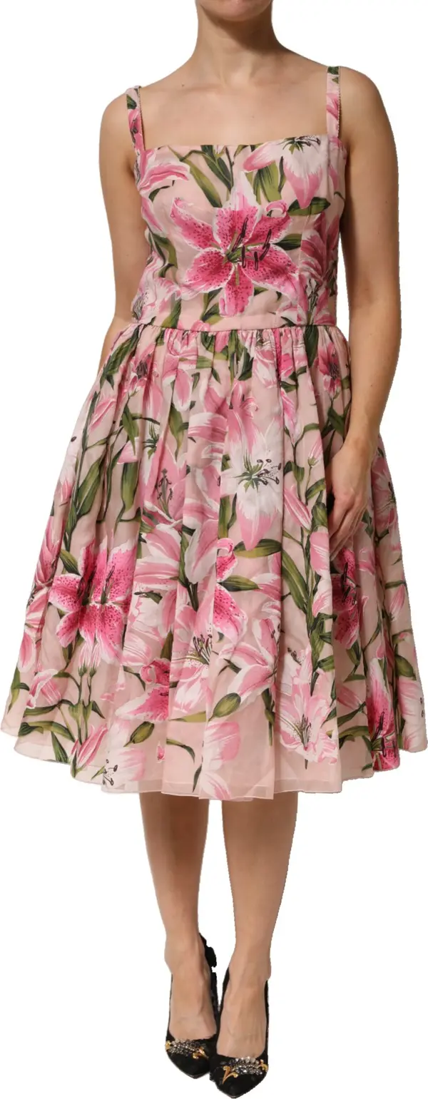Pink Floral Lily Print Midi Sleeveless Dress