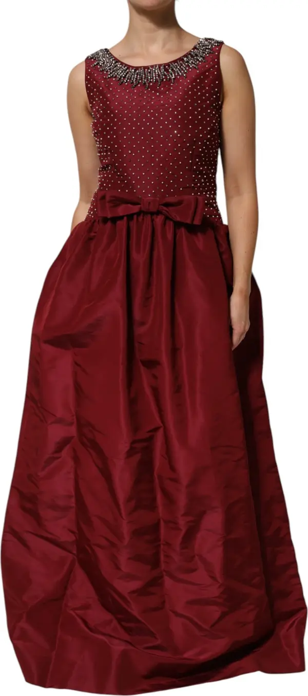 Burgundy Silk Beaded Evening Gown Dress