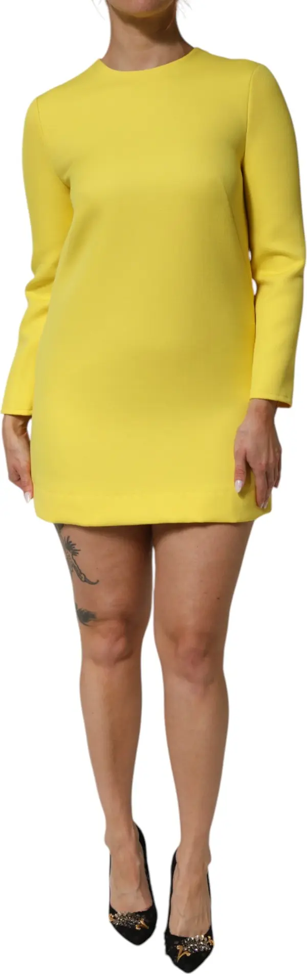 Yellow Viscose Acetate Mini Long Sleeve Dress