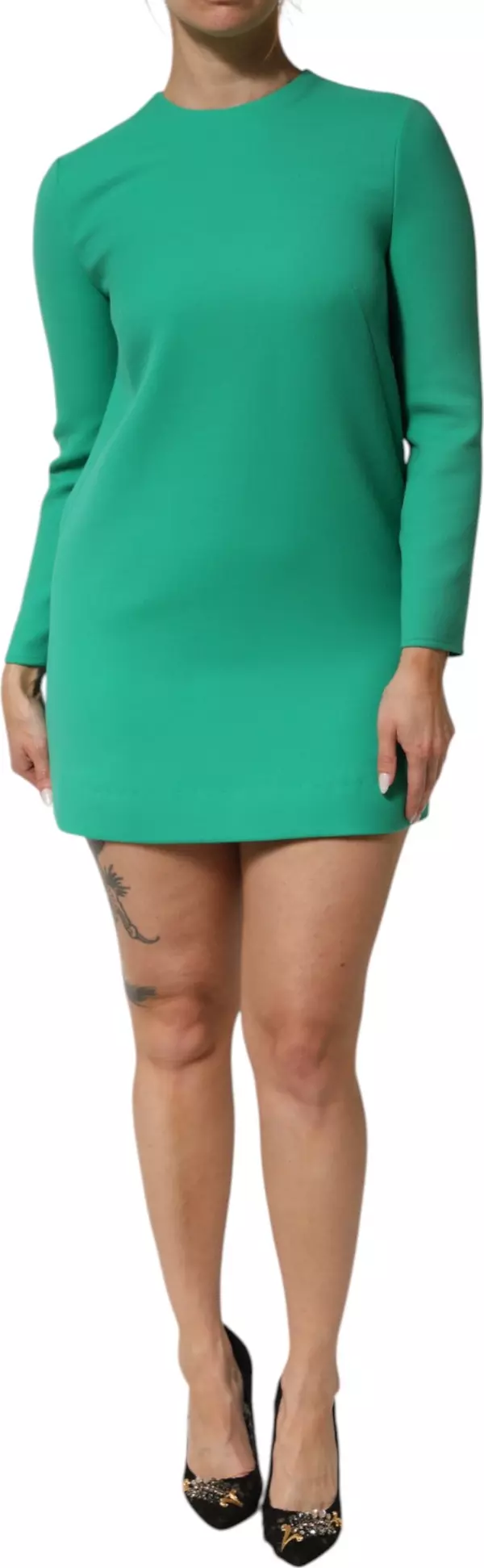 Green Viscose Acetate Mini Long Sleeve Dress