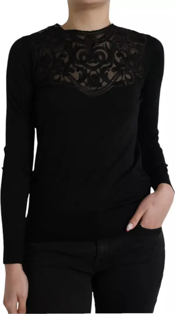 Black Silk Lace Trim Long Sleeves Blouse Top