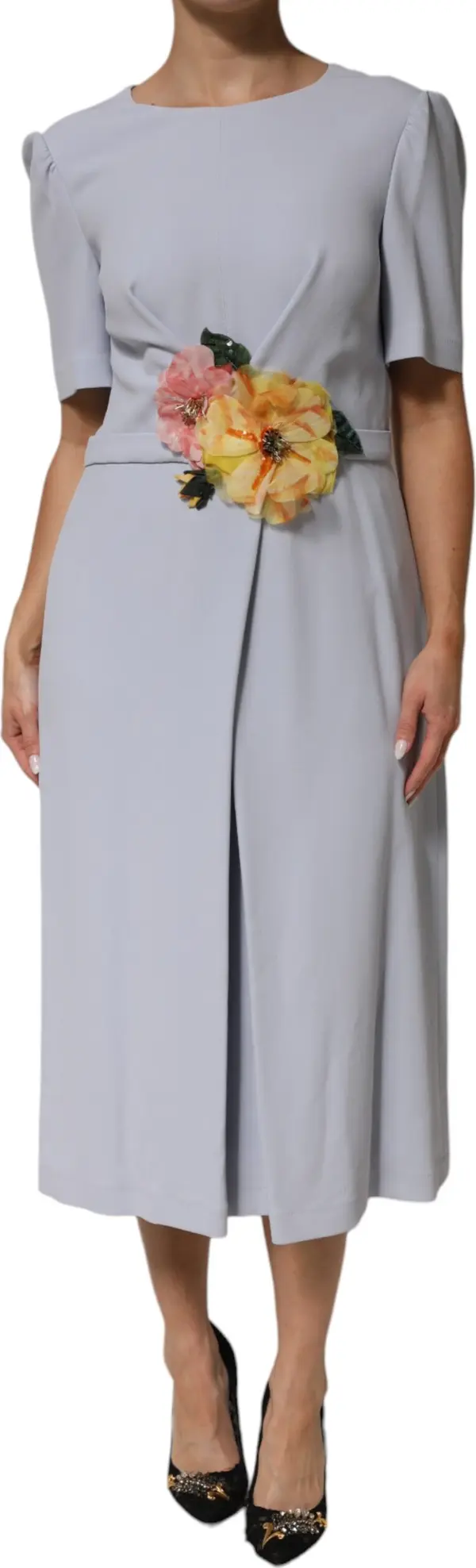 Light Blue Viscose Blend Floral Applique Dress
