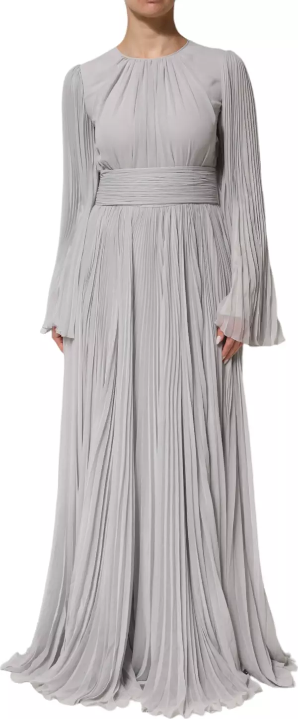 Grey Pleated Maxi Long Sleeve Silk Blend Gown Dress