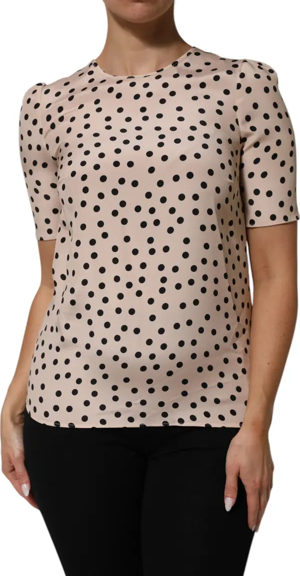 Beige Black Polka Dot Silk Short Sleeve Blouse Top