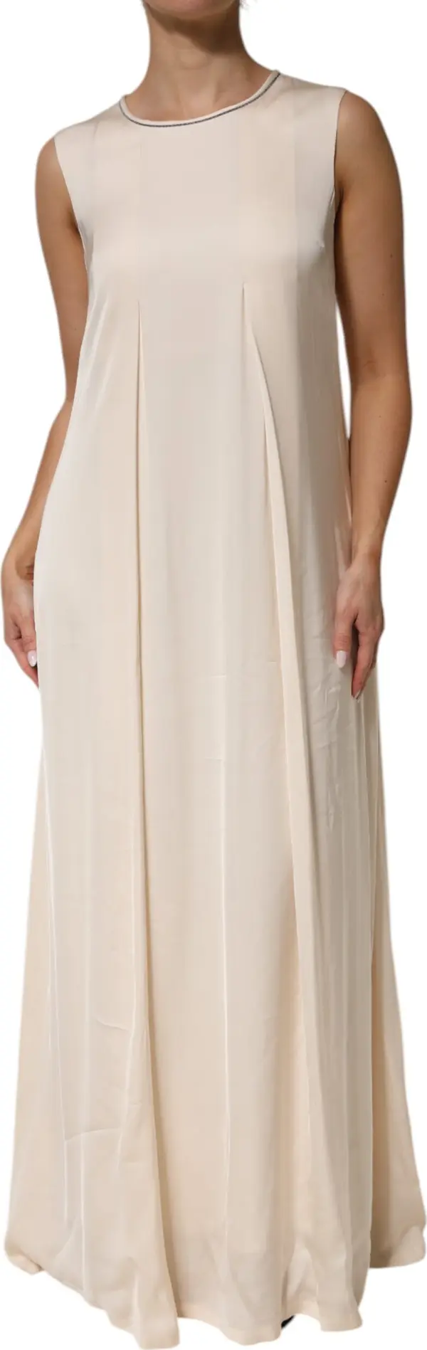 Beige Viscose Pleated Sleeveless Long Maxi Dress