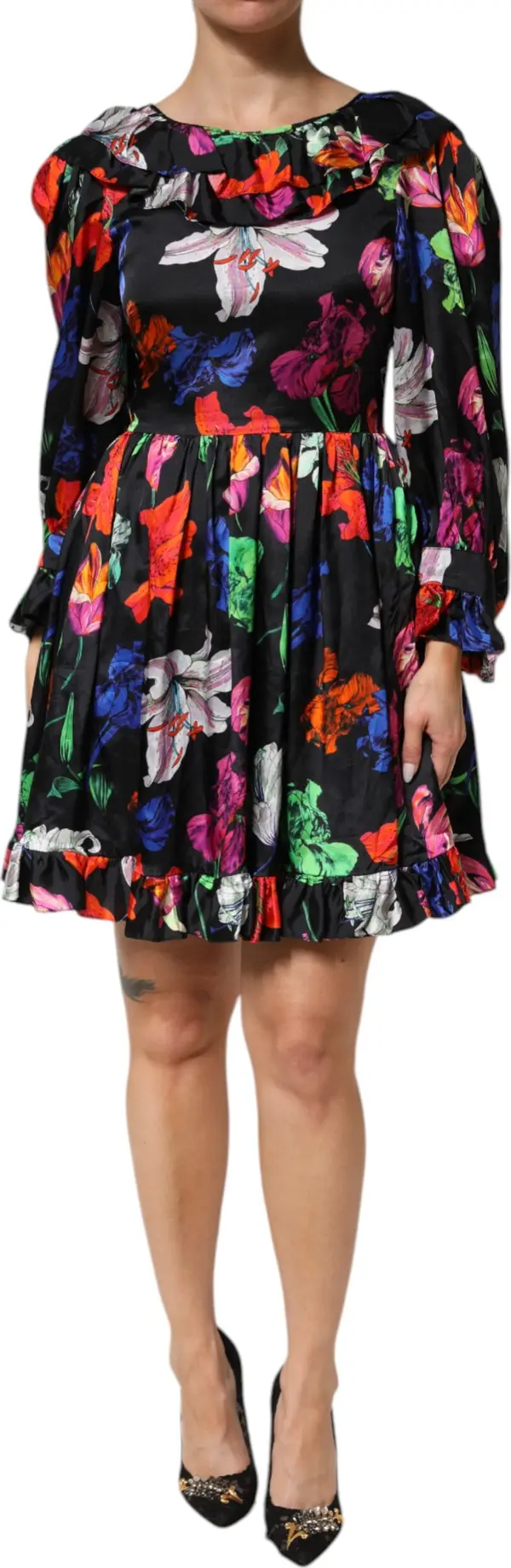 Dress Black Multicolor Floral Ruffle Long Sleeve Mini Dress