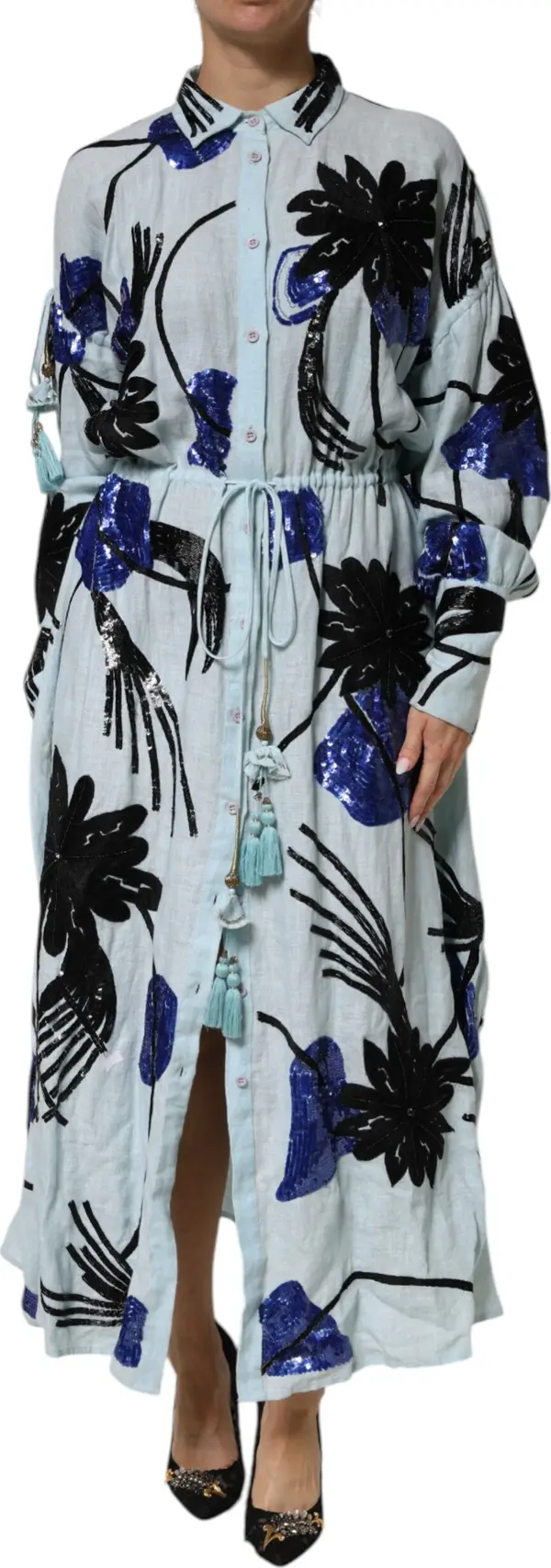 Blue Sequin Embellished Shirt Maxi Dress