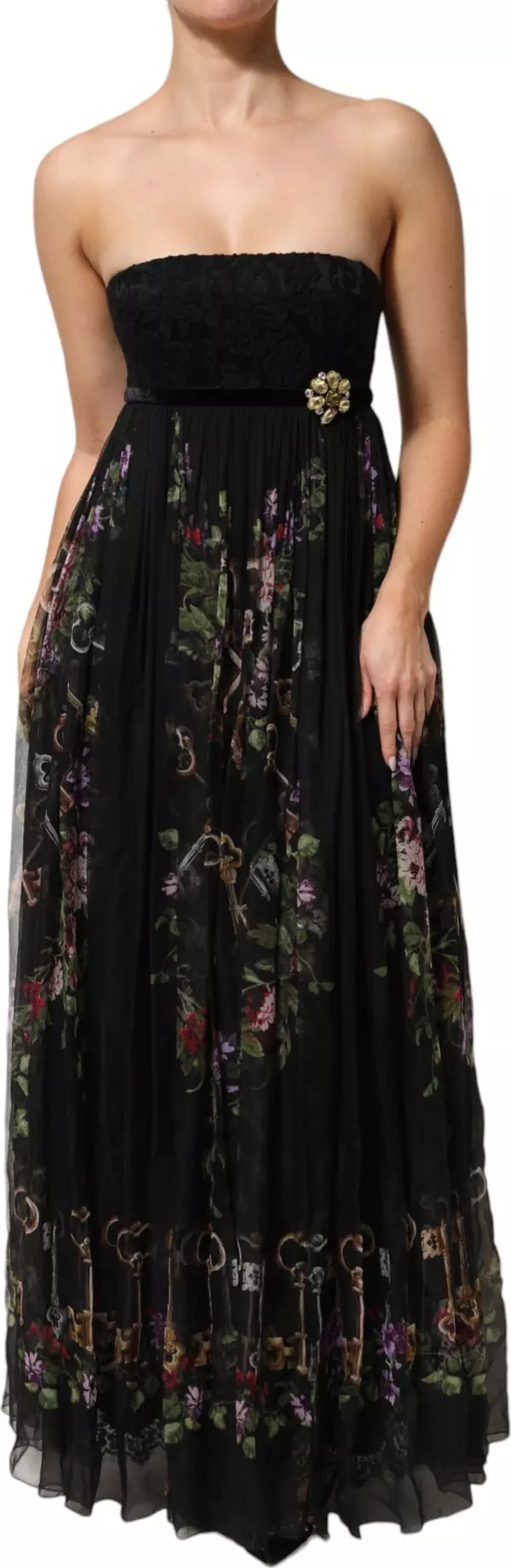 Black Floral Key Print Crystal Strapless Dress