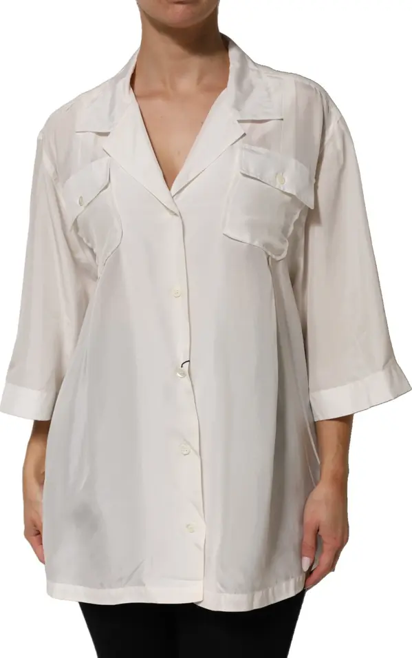 White Silk Collared 3/4 Sleeves Blouse Top