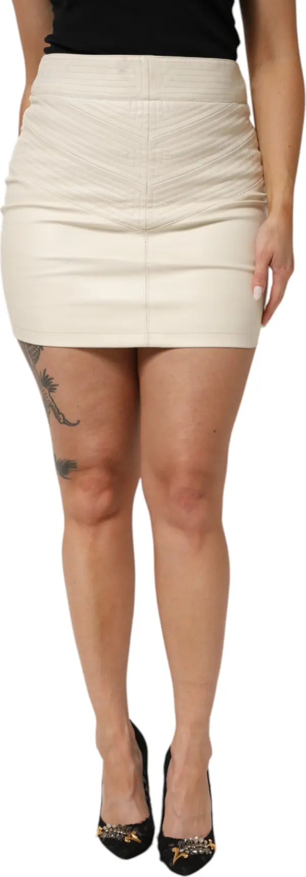 Beige Faux Leather Quilted Mini High Waist Women  Skirt