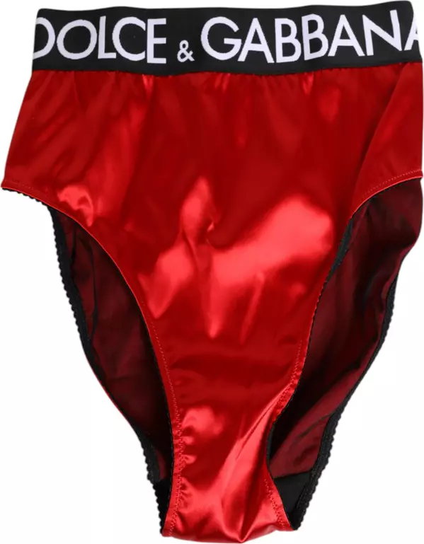 Red Satin High-Waist Briefs Logo Women Underwear