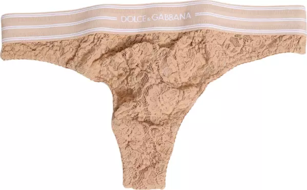 Beige Lace Logo Elastic Waist Thong Tanga Underwear