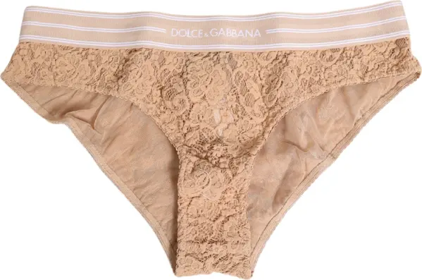 Beige Lace Brasiliano Briefs Logo Waistband Underwear