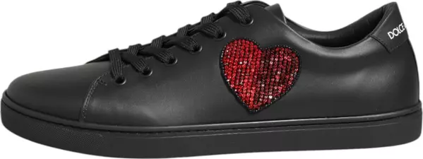 Black Leather Crystal Heart Sneakers  Shoes
