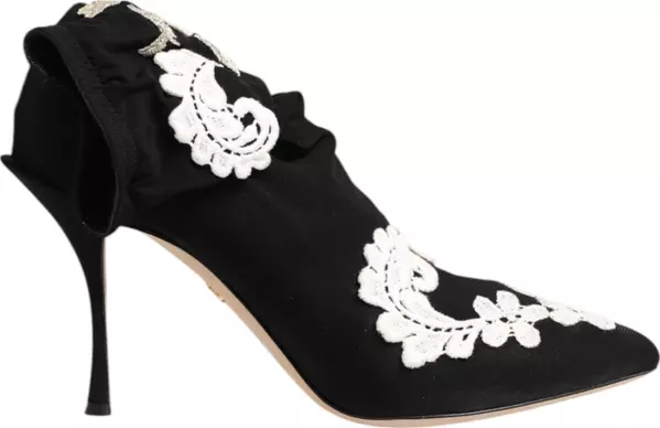 Black White Embroidered Jersey Stiletto Boots Shoes