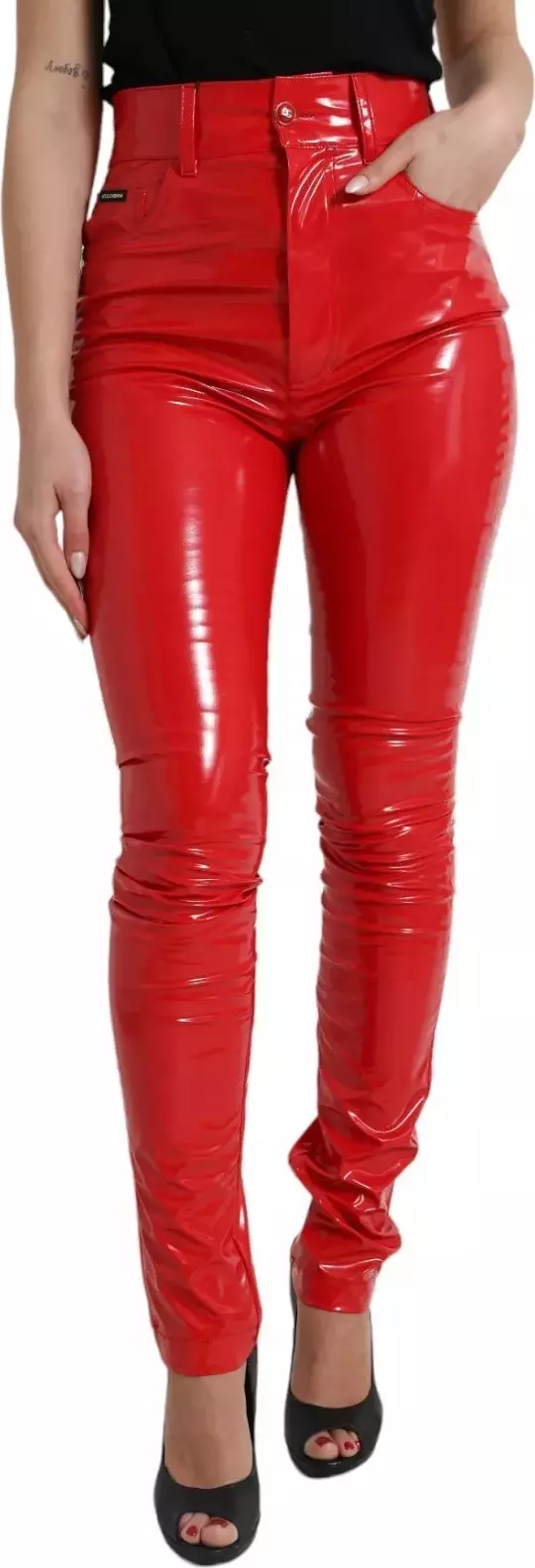 Red High Waist Skinny Trouser Shiny Pants