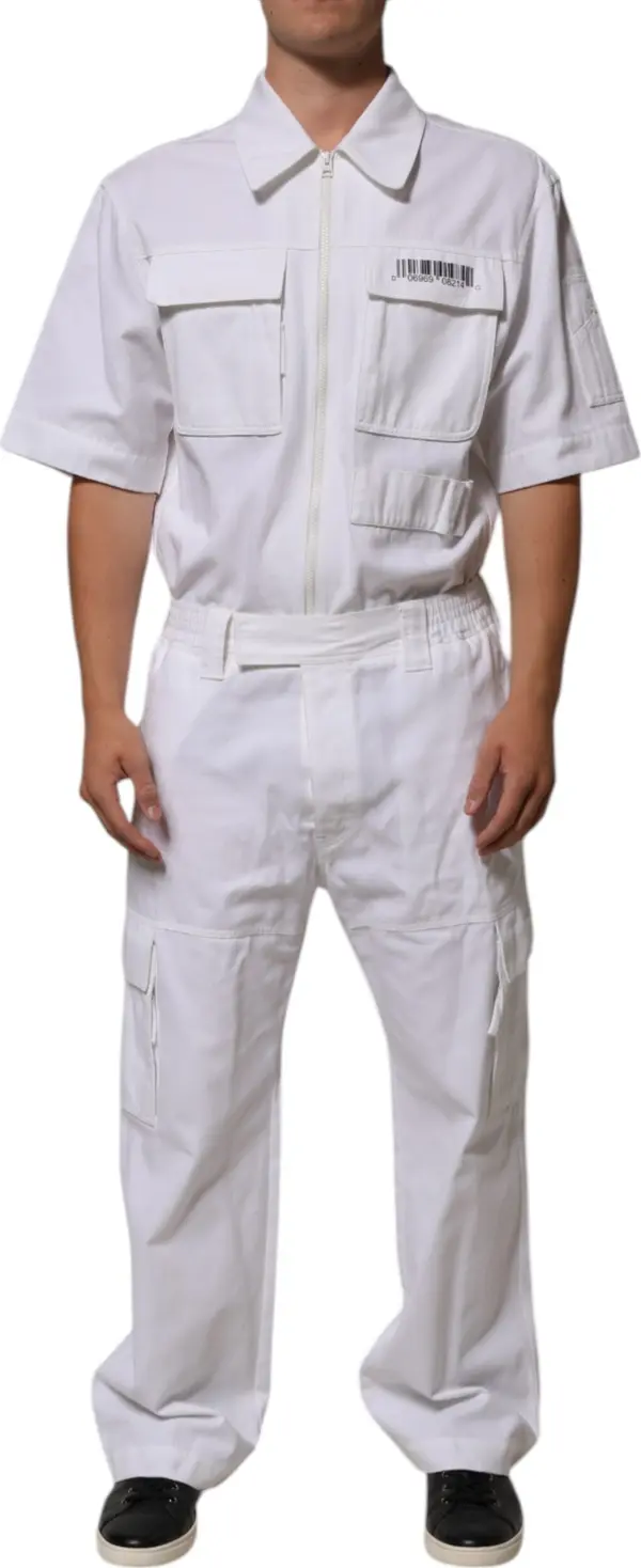 White Barcode Patch Utility Zip Jumpsuit Pants
