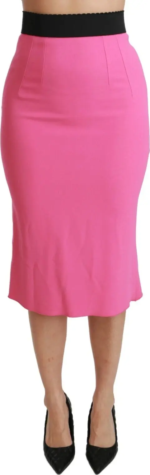Pink High Waist Pencil Cut Midi Skirt