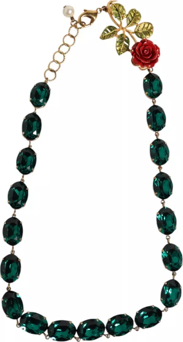 Red Rose Green Crystal Gold-Tone Chain Necklace