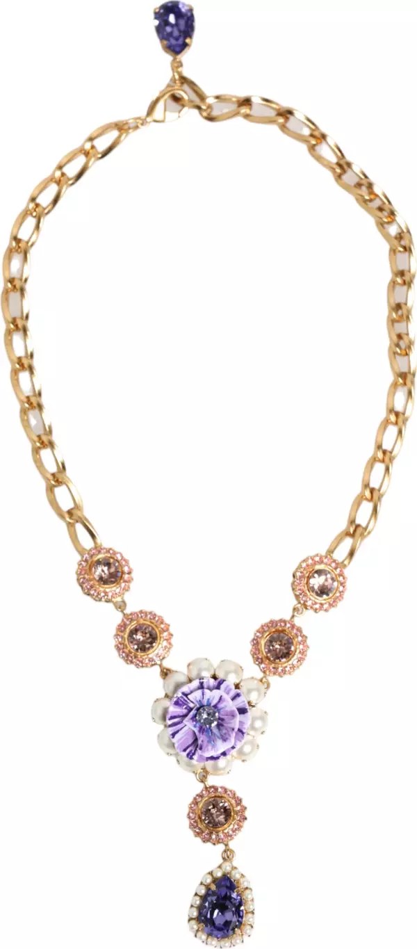 Gold Brass Crystal Pearl Purple Floral Pendant Jewelry Necklace