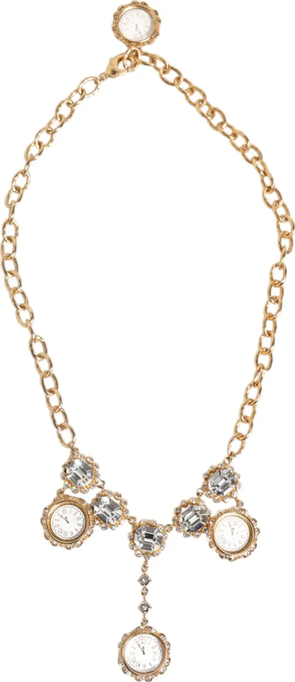 Gold Crystal Clock Face Pendant Statement Jewelry Necklace