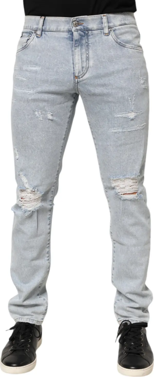 Light Blue Distressed Slim Fit Ripped Denim Jeans