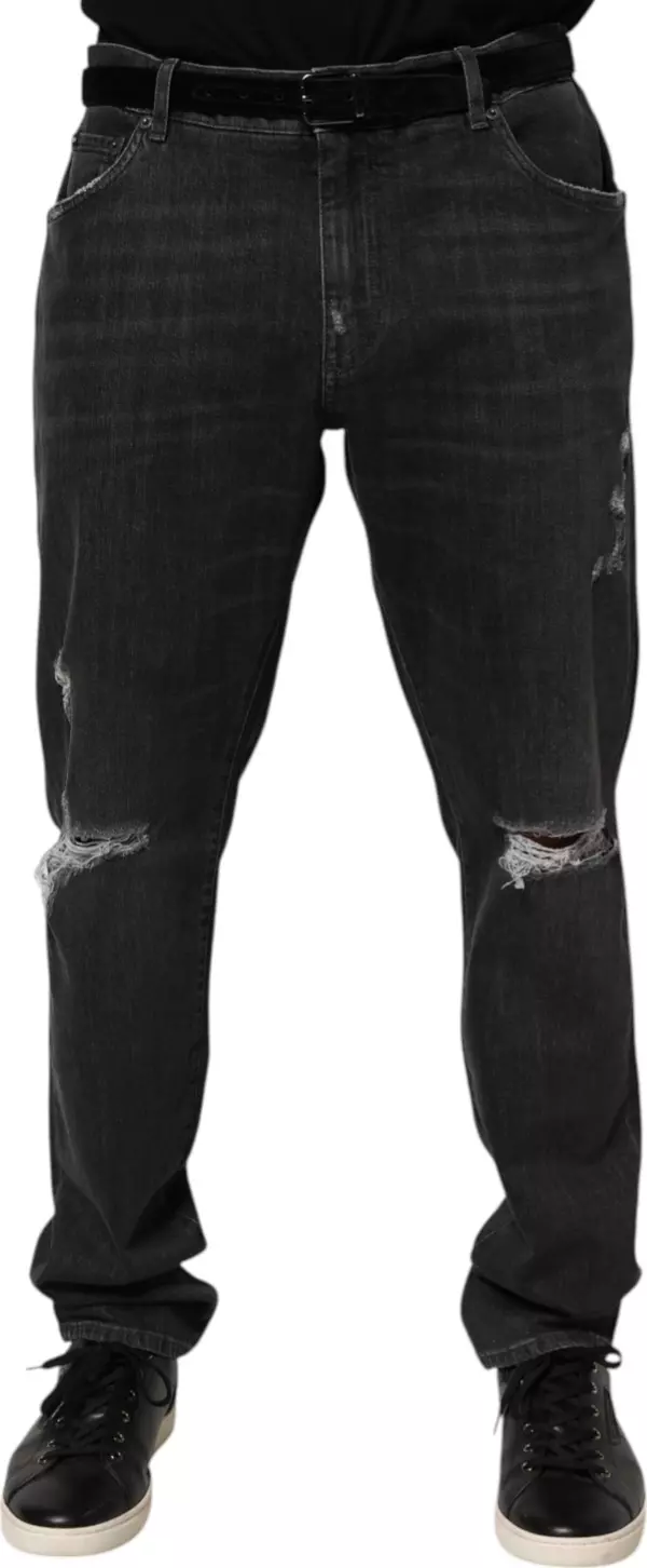 Black Cotton Slim Fit Distressed Ripped Logo Jeans