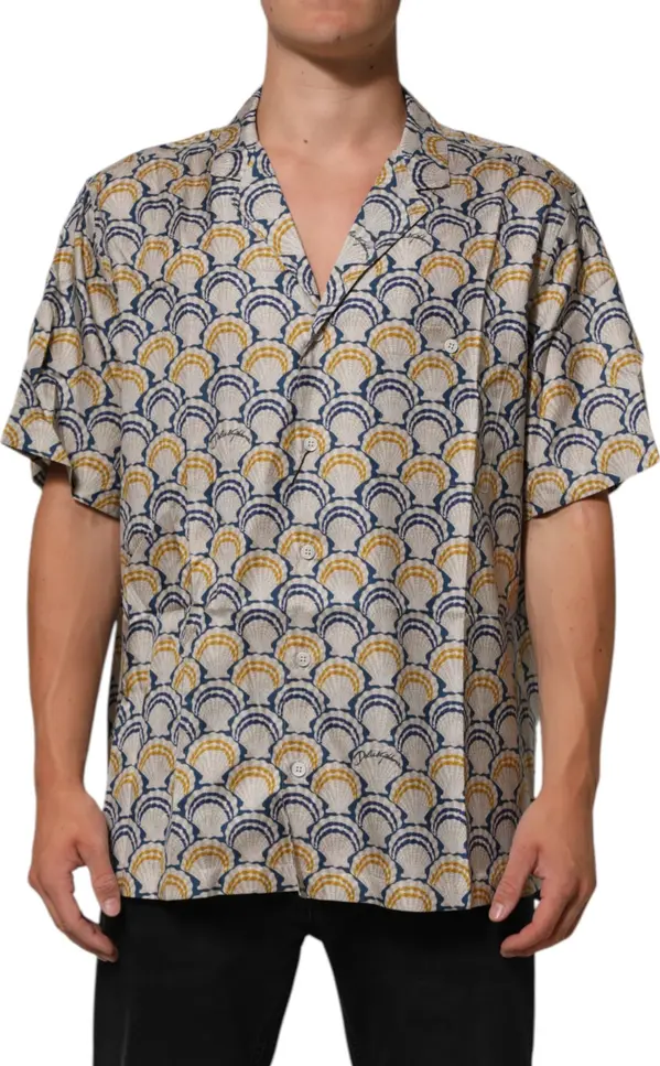 Cream Cotton Silk Hawaii Scallop Shell Print Shirt