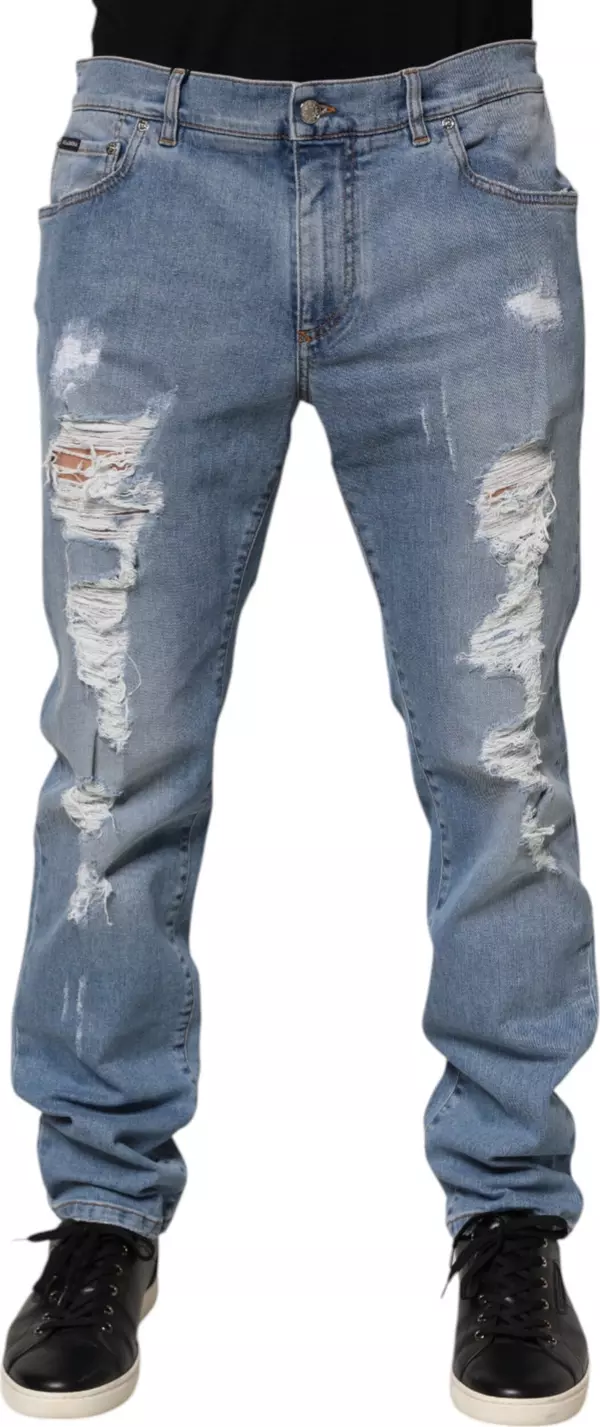 Blue Tattered Slim Fit Cotton Denim Jeans