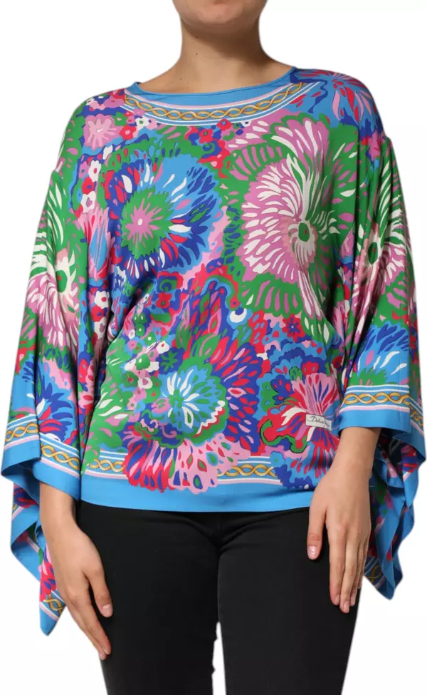 Multicolor Floral Print Silk Tunic Blouse Top