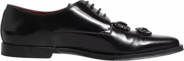 Black Leather Jeweled Crystals Derby Shoes