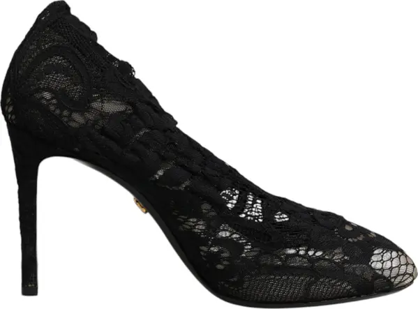 Black Lace Stretch Heels Mid Calf Boots Shoes