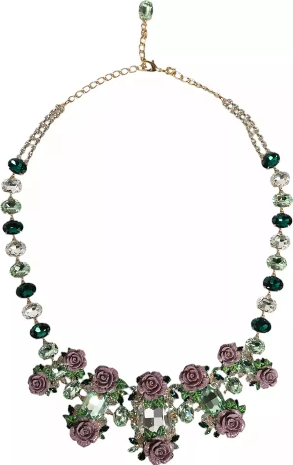Gold Brass Link Chain Rose Petal Crystal Necklace
