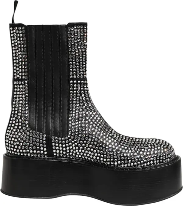 Black Crystal Strass Mid Calf Short Boots  Shoes