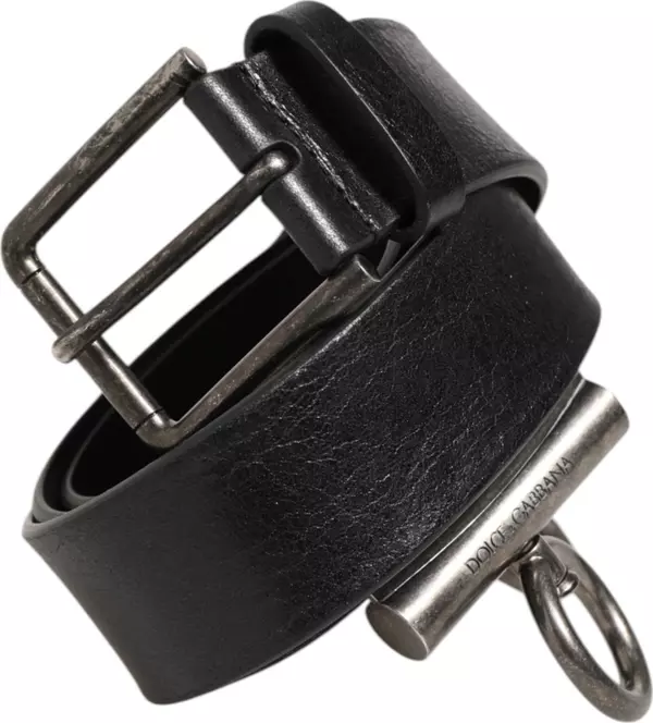 Black Leather Side Rings Brass Buckle Belt