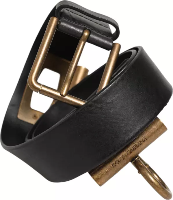 Black Leather Side Rings Brass Buckle Belt