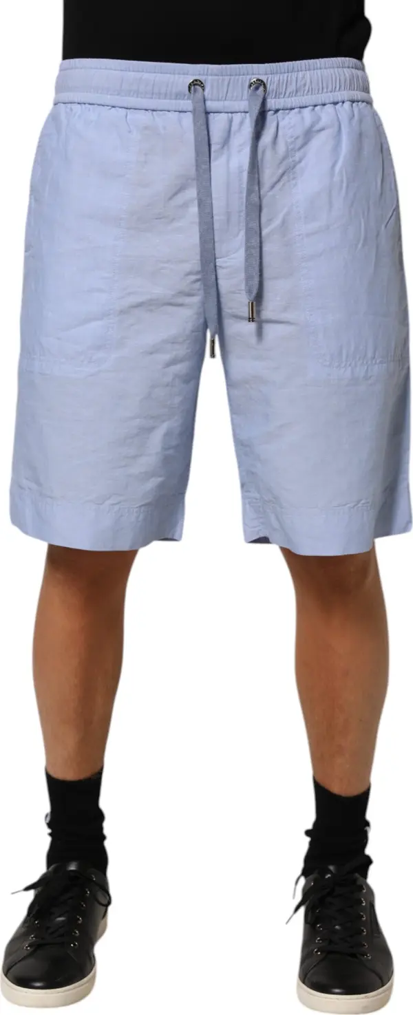 Light Blue Linen Mid Waist Men Bermuda Shorts