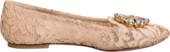 Beige Taormina Lace Crystals Flats Shoes