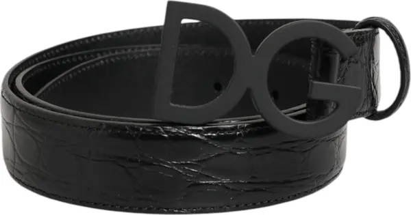 Black Exotic Leather Metal Logo Buckle Belt