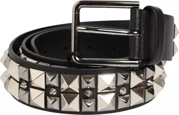 Black Calf Leather Studded Silver Buckle Belt