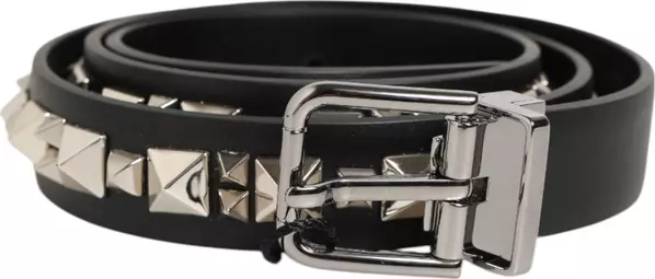 Black Leather Studded Silver-Tone Buckle Belt